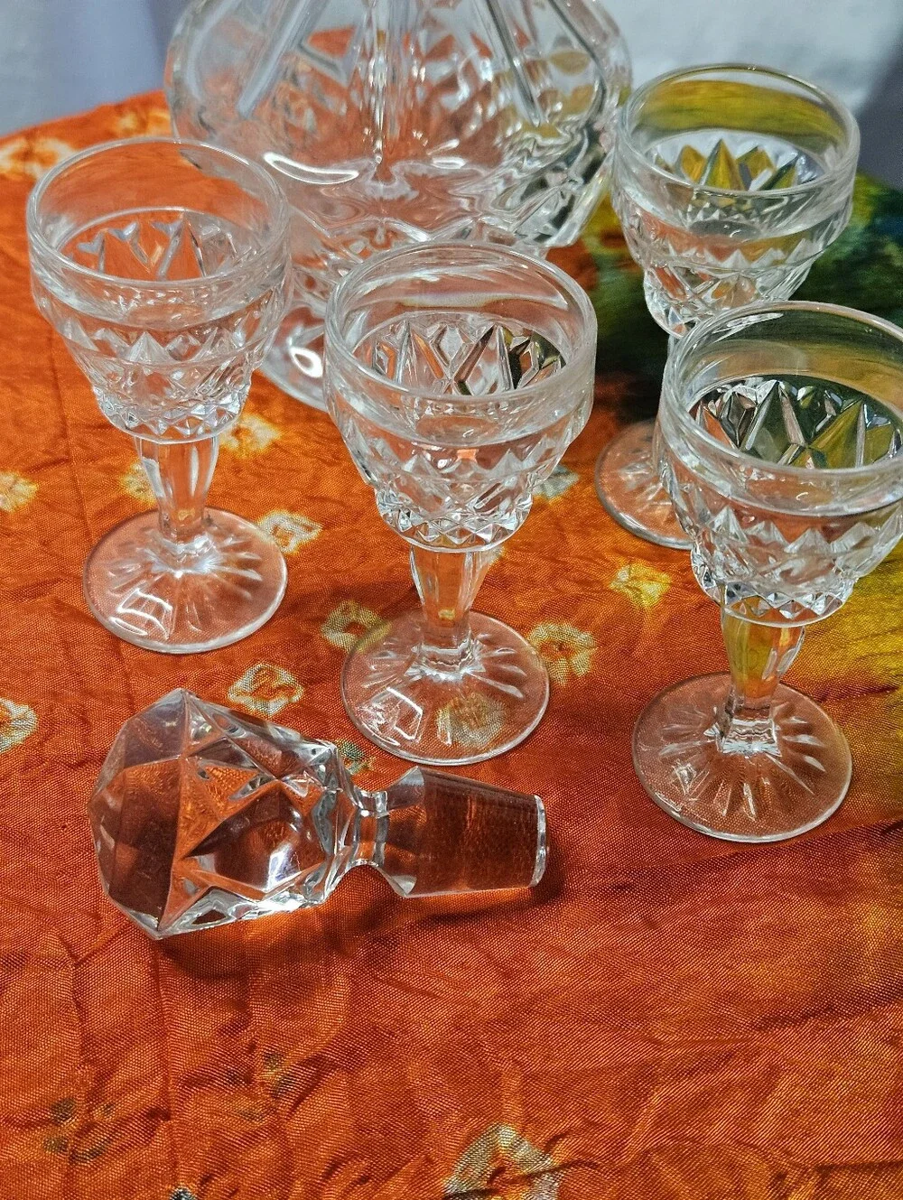 Vintage 1940s Crystal Cordial Decanter Set With Four (4) Liqueur Goblets